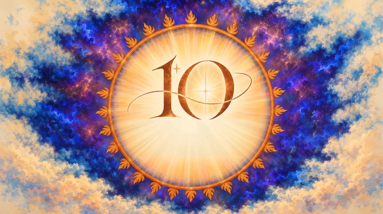 Nora's painting for the studio's tenth year: a glowing sun ringed with flames in a night sky of violet and blue, with a large copper 10 at its centre